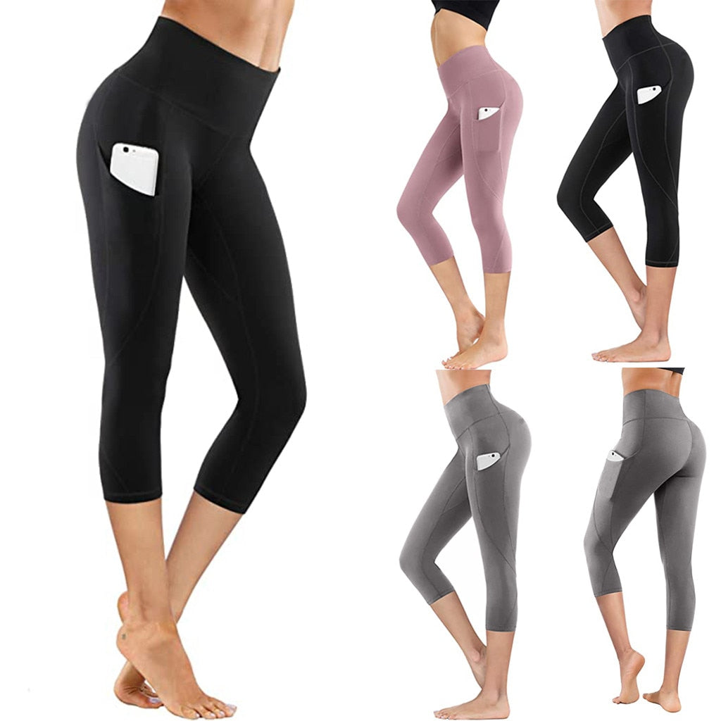 2021 Yoga Pants Stretchy Sport Leggings High Waist Tight Elastic Solid Color Pocket Capris Seamless Yoga Pants