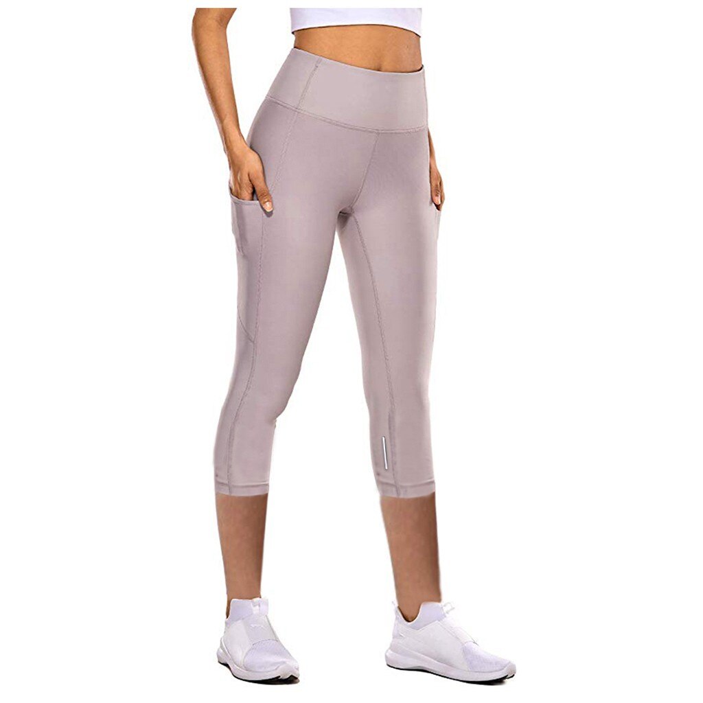 2021 Yoga Pants Stretchy Sport Leggings High Waist Tight Elastic Solid Color Pocket Capris Seamless Yoga Pants