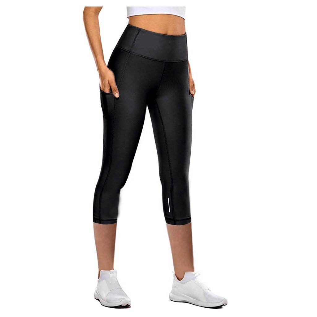 2021 Yoga Pants Stretchy Sport Leggings High Waist Tight Elastic Solid Color Pocket Capris Seamless Yoga Pants