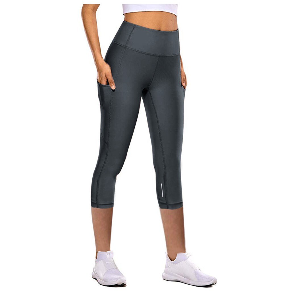 2021 Yoga Pants Stretchy Sport Leggings High Waist Tight Elastic Solid Color Pocket Capris Seamless Yoga Pants