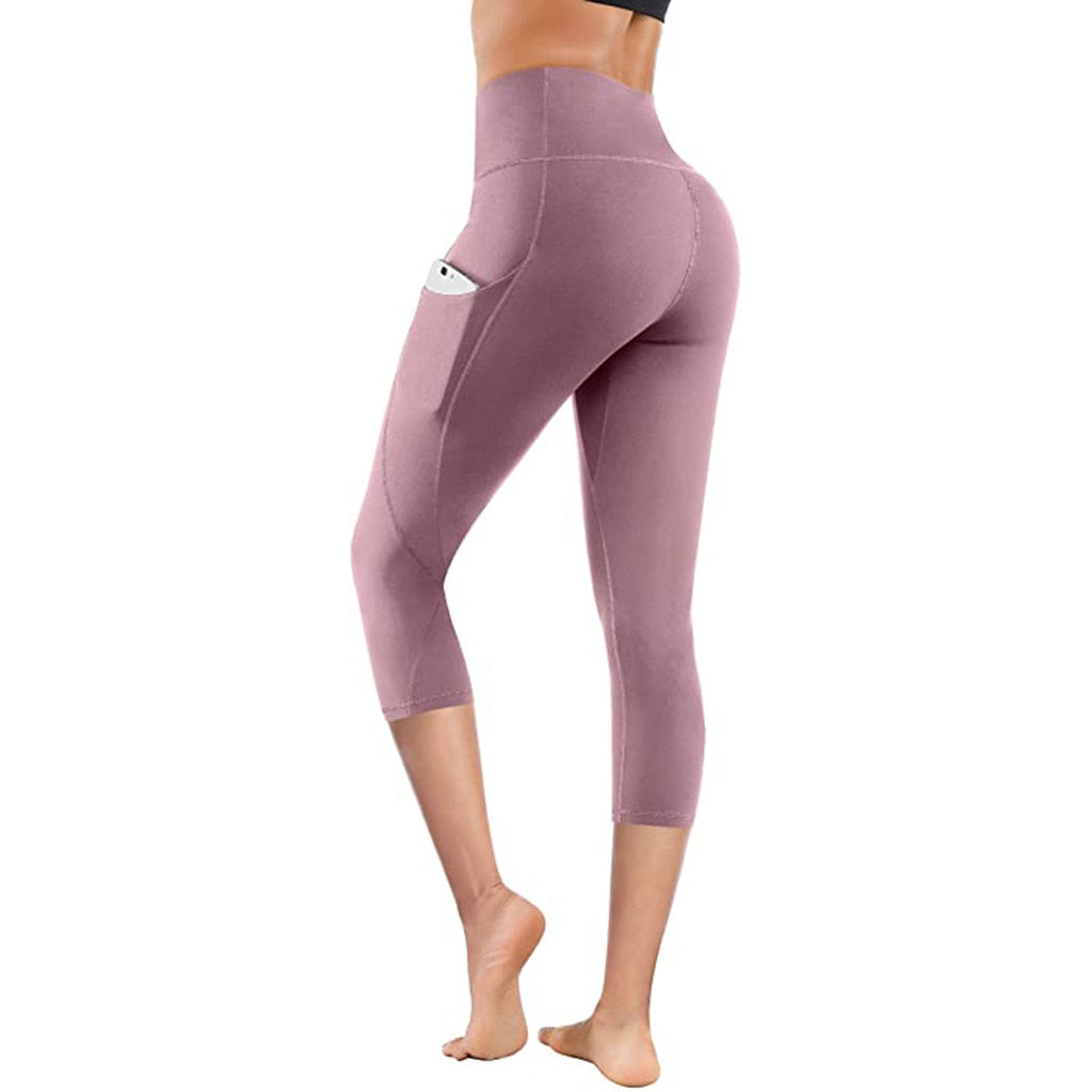 2021 Yoga Pants Stretchy Sport Leggings High Waist Tight Elastic Solid Color Pocket Capris Seamless Yoga Pants