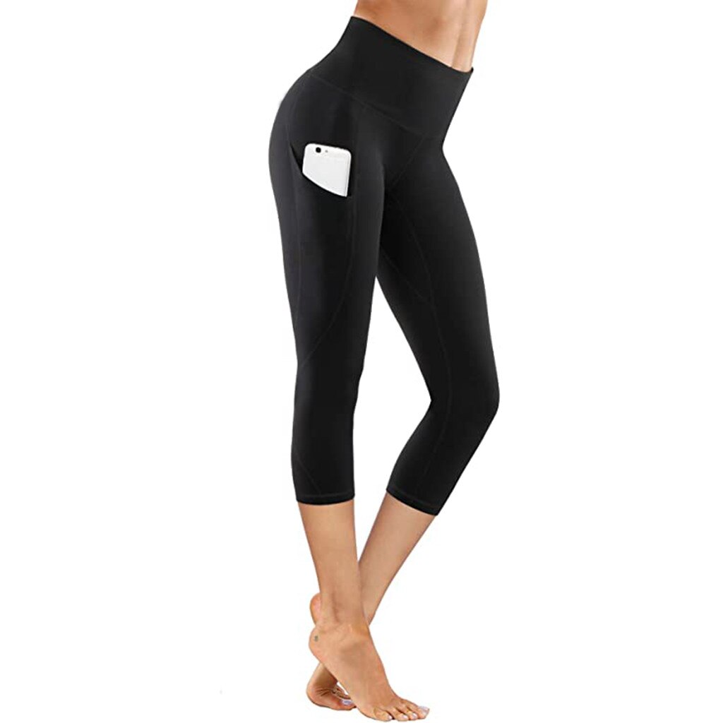 2021 Yoga Pants Stretchy Sport Leggings High Waist Tight Elastic Solid Color Pocket Capris Seamless Yoga Pants