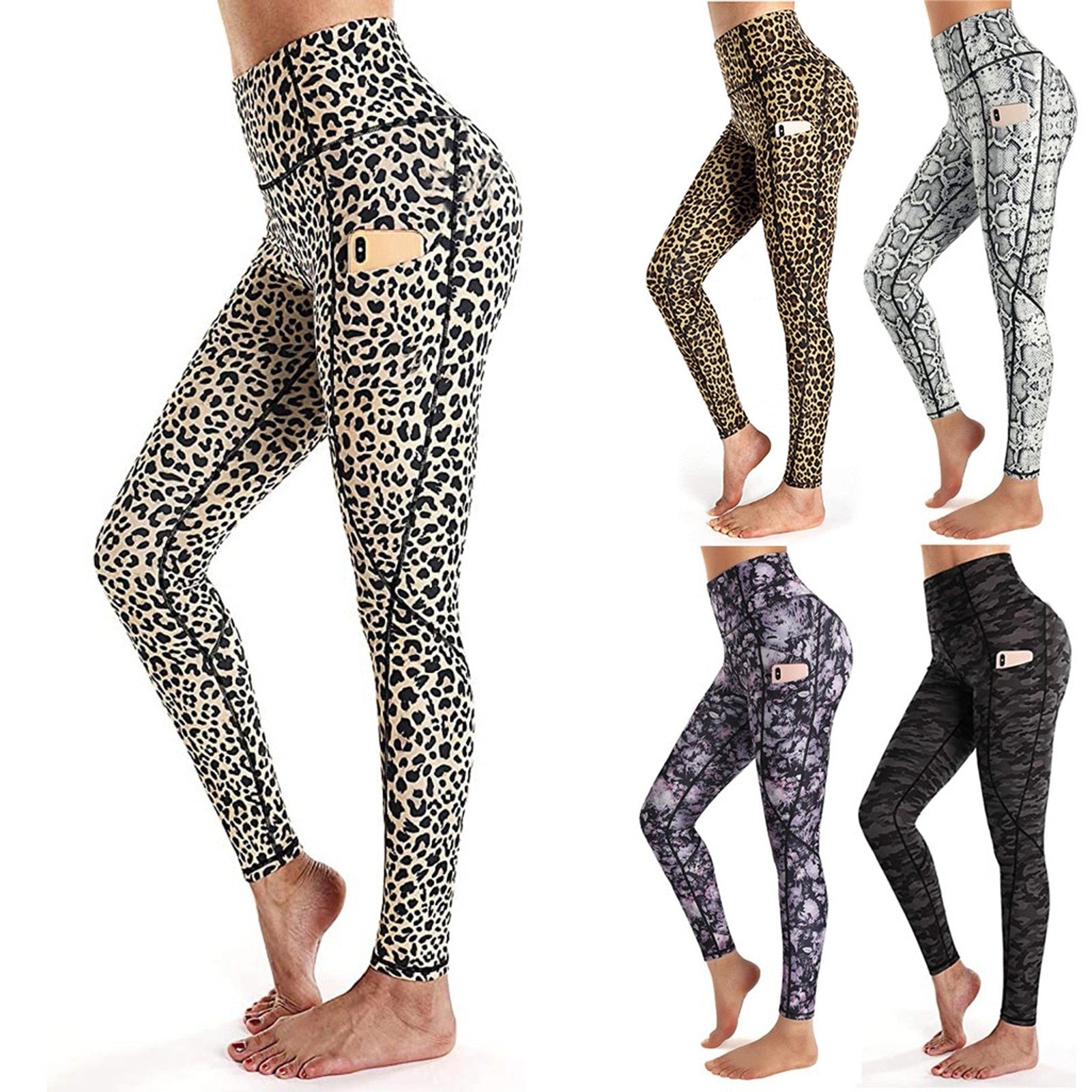 Women Fitness Pants Women's Corset Hip Lift Yoga Pants Pockets Leopard Print High Waist Workout Leggings Running Pants