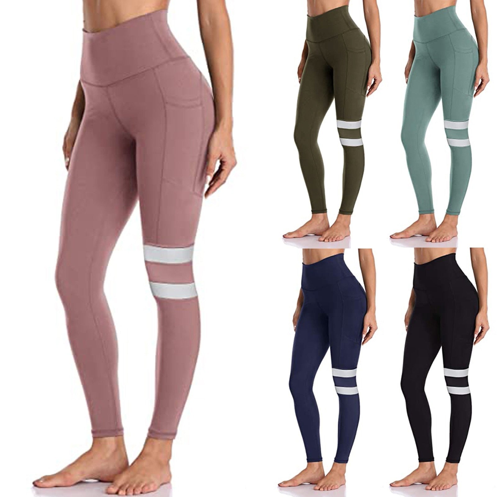 Womens  Patchwork Sport Leggings High Waist Tights Pants Leggings Pockets Running Sports Full Length Active Pants